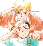  2boys alfred_izuruha bernard_wiseman black_hair blonde_hair child copyright_name gundam gundam_0080 hand_on_shoulder mugi24 multiple_boys salute 