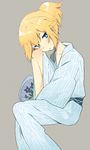  androgynous bad_id bad_tumblr_id blonde_hair blue_eyes danball_senki danball_senki_wars eka_eri hoshihara_hikaru japanese_clothes kimono looking_at_viewer male_focus ponytail simple_background sitting solo 