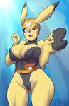  anthro big_breasts blue_eye breasts camel_toe female liveforthefunk looking_at_viewer luchador nintendo one_eye_closed open_mouth pikachu pok&#233;mon pok&#233;morph pok&eacute;mon pok&eacute;morph solo standing tongue video_games wide_hips 