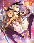  animal_ears bare_shoulders black_legwear blonde_hair bracelet brown_hair bunny_ears dress fire flat_chest gauntlets gloves harp hourglass ice_skates instrument jewelry long_hair multiple_girls ooyari_ashito original skates smoke star sword thighhighs weapon yellow_eyes 