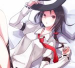  brown_eyes brown_hair dress_shirt hat long_hair looking_at_viewer lying necktie on_back open_mouth pillow shiroshi_(denpa_eshidan) shirt skirt solo touhou usami_renko 