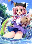  :d backpack bag bangs bear_hair_ornament blouse blue_sky blush bow chain-link_fence cloud day fake_wings fence flag from_below gakkou_gurashi! hair_ornament hairclip hat holding innertube looking_at_viewer nagayama_yuunon open_mouth outdoors pennant pillow_hat pink_eyes pink_hair pleated_skirt pool pool_ladder purple_skirt school_swimsuit school_uniform serafuku short_hair short_sleeves skirt sky smile solo string_of_flags stuffed_animal stuffed_toy swimsuit swimsuit_under_clothes takeya_yuki teddy_bear tree wading water white_blouse winged_backpack wings x_hair_ornament 