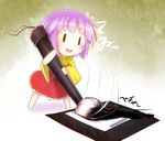  barefoot bikuseno calligraphy_brush chibi flower green_background hair_flower hair_ornament hieda_no_akyuu japanese_clothes kimono minigirl open_mouth paintbrush paper purple_hair ribbon short_hair smile solo touhou 