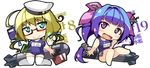  ahoge aqua_eyes beret blonde_hair blue_hair book chibi glasses hair_ornament hair_ribbon hat i-19_(kantai_collection) i-8_(kantai_collection) kantai_collection long_hair looking_at_viewer low_twintails multiple_girls nyagakiya open_mouth purple_eyes red-framed_eyewear ribbon school_swimsuit smile star star-shaped_pupils swimsuit symbol-shaped_pupils thighhighs torpedo twintails white_legwear 