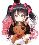  black_hair bow doll_hug eyepatch hair_bow hat heart heart_eyepatch highres looking_at_viewer love_live! love_live!_school_idol_project md5_mismatch red_eyes ryoutan short_hair smile solo stuffed_animal stuffed_toy teddy_bear twintails yazawa_nico 