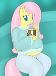  anthro anthrofied blue_eyes chubby clothing eating equine female fluttershy_(mlp) food friendship_is_magic fur hair ice_cream lamiaaaa looking_at_viewer mammal my_little_pony pants pegasus pink_hair pregnant sitting sofa solo spoon sweater wings yellow_fur 