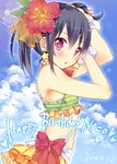  bikini black_hair blush bracelet cloud dated day earrings ech flower from_side hair_flower hair_ornament happy_birthday hibiscus jewelry looking_at_viewer love_live! love_live!_school_idol_project midriff natsuiro_egao_de_1_2_jump! red_eyes sky solo swimsuit twintails yazawa_nico 