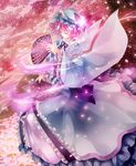  arm_strap blue_dress cherry_blossoms closed_eyes dress dual_wielding fan folding_fan hat holding long_sleeves mob_cap nagare pink_hair saigyouji_yuyuko sash solo touhou triangular_headpiece veil wide_sleeves 