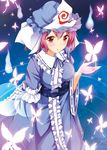  :o blush bug butterfly hat insect ok-ray pink_eyes pink_hair saigyouji_yuyuko short_hair solo touhou triangular_headpiece 