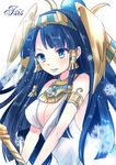  armlet bare_shoulders black_hair blue_eyes blue_lipstick breasts character_name cleavage dress egyptian egyptian_clothes hair_ornament hair_tubes hairband hoshino isis_(p&amp;d) jewelry large_breasts lipstick long_hair makeup necklace open_mouth puzzle_&amp;_dragons simple_background sleeveless sleeveless_dress snowflakes solo staff text_focus upper_body white_background white_dress winged_hair_ornament 