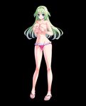  1girl absurdres bikini black_background blue_eyes breasts covering covering_nipples feet game_cg green_hair highres large_breasts legs long_hair looking_at_viewer navel sandals simple_background smile solo standing swimsuit thighs toes topless 