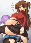  2girls anal ass brown_eyes brown_hair cum cum_in_ass enema inflation long_hair multiple_girls nagase_haruhito original panties pantyshot pipelining skirt stomach_bulge thighhighs twintails underwear 