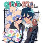  1girl alternate_costume alternate_hairstyle blue_hair boota casual earrings hood hoodie jewelry mosako multicolored_hair necklace nia_teppelin ponytail simon sunglasses tengen_toppa_gurren_lagann two-tone_hair 