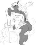  anthrofied bathrobe big_breasts breasts chair chubby equine eyes_closed fan female friendship_is_magic greyscale horn kevinsano levitation magic mammal monochrome my_little_pony plain_background princess_luna_(mlp) sitting solo sweat white_background winged_unicorn wings 