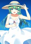  :d alternate_costume aqua_eyes bad_id bad_pixiv_id bare_arms bare_shoulders blue_background breasts cleavage dress frog_hair_ornament green_hair hair_ornament hair_tubes hand_on_headwear hand_on_own_chest hat hat_ribbon kochiya_sanae large_breasts long_hair looking_at_viewer mizutori_mishi open_mouth ribbon simple_background smile snake_hair_ornament solo straw_hat sun_hat sundress touhou 