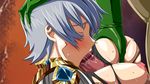  1girl areolae armor blue_hair blush breast_grab breasts censored demon eyes_closed fellatio forced grabbing green_skin hand_on_head head_grab highres huge_breasts inja_no_kuruwa monster nipples oral paizuri penis rape saliva short_hair sweat torn_clothes 