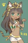  :3 :d animal_ears armlet bangs bastet_(p&amp;d) black_hair blunt_bangs blush bracelet cat_ears cat_tail dark_skin dated earrings egyptian egyptian_clothes fang green_background green_eyes groin hair_ornament hoshino jewelry long_hair midriff navel necklace open_mouth paw_pose paw_print puzzle_&amp;_dragons simple_background single_earring skirt smile solo tail tiara white_skirt 