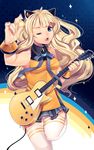  ahoge animal_ears blonde_hair blue_eyes bracelet breasts cat_ears electric_guitar fingernails guitar highres instrument jewelry lips long_fingernails long_hair loyproject nail_polish one_eye_closed orange_nails parted_lips plectrum seeu shirt skirt sleeveless small_breasts solo taut_clothes taut_shirt thigh_gap thighhighs vocaloid white_legwear 