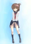  absurdres blush brown_eyes brown_hair embarrassed flat_chest folded_ponytail highres inazuma_(kantai_collection) johan_(johan13) kantai_collection kneehighs loafers school_uniform see-through serafuku shoes short_hair skirt skirt_lift solo suggestive_fluid wet wet_clothes 