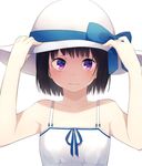  3: achiki bad_id bad_pixiv_id bangs bare_arms bare_shoulders black_hair blush collarbone dress eyebrows_visible_through_hair hands_on_headwear hat looking_at_viewer original purple_eyes short_hair simple_background sleeveless sleeveless_dress solo sun_hat sundress upper_body white_background 