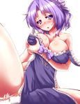  alternate_costume apron bare_arms bare_shoulders blush breasts cleavage collarbone covering covering_breasts grabbing highres kumoi_ichirin large_breasts looking_at_viewer naked_apron off_shoulder open_mouth partially_visible_vulva purple_eyes purple_hair simple_background sitting solo spread_legs strap_slip touhou white_background zan_(harukahime) 