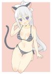  1girl :d absurdres animal_ears bare_legs bare_shoulders bikini black_bikini blush body_blush bow breasts cat_ears cat_tail copyright_request donguri_suzume grey_hair hair_between_eyes hair_bow hair_ornament hairband hairclip hand_up highres kemonomimi_mode large_breasts long_hair looking_at_viewer open_mouth paw_pose pink_background ponytail purple_eyes side-tie_bikini simple_background smile solo striped striped_bikini swimsuit tail thigh_gap very_long_hair white_bow 