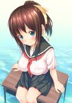  bangs between_breasts black_skirt blue_eyes blush breast_pocket breasts brown_hair closed_mouth clothes_between_breasts desk eyebrows_visible_through_hair highres large_breasts legs_together light_smile long_hair looking_at_viewer neckerchief nukunuku_(hinataboltuko) ocean on_desk original outdoors pleated_skirt pocket ponytail red_neckwear school_uniform serafuku short_sleeves sidelocks sitting sitting_on_desk skirt smile solo water 