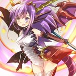 armor bare_shoulders black_gloves bodysuit dragon_girl dragon_tail dragon_wings elbow_gloves fang fingerless_gloves fire gloves head_fins heterochromia holding holding_weapon hoshino long_hair lowres open_mouth polearm purple_eyes purple_hair purple_wings puzzle_&amp;_dragons solo sonia_(p&amp;d) spikes tail thighhighs weapon white_legwear wings yellow_eyes 