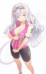  bicycle bike_jersey bike_shorts breasts cleavage goggles goggles_on_head ground_vehicle idolmaster idolmaster_(classic) large_breasts long_hair open_mouth purple_eyes shijou_takane silver_hair solo supertie unzipping very_long_hair 