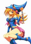  1girl ass black_magician_girl blonde_hair breasts dark_magician_girl duel_monster green_eyes simple_background smile wand weapon yu-gi-oh! yuu-gi-ou_duel_monsters 