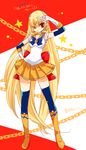  back_bow bishoujo_senshi_sailor_moon blonde_hair bow chain choker contrapposto cosplay elbow_gloves fate/zero fate_(series) genderswap genderswap_(mtf) gilgamesh gloves hand_on_hip jewelry kettle21 long_hair magical_girl necklace orange_choker orange_sailor_collar orange_skirt red_eyes sailor_collar sailor_senshi_uniform sailor_venus sailor_venus_(cosplay) skirt solo standing tiara very_long_hair white_gloves 