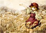  aki_minoriko blonde_hair food fruit grapes hat highres leaf misuriru_(mithril) one_eye_closed open_mouth outstretched_arm red_eyes short_hair smile solo touhou traditional_media wheat wheat_field 