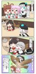  &gt;_&lt; 4koma :3 ahoge anger_vein animal_ears aqua_eyes bear_ears bird black_hair blush brown_eyes brown_hair bruise cat_ears cheek-to-cheek chibi closed_eyes comic commentary crying eagle fang flying hair_ornament hair_ribbon hawk headgear headwear_removed highres hiyou_(kantai_collection) injury kantai_collection kemonomimi_mode kuma_(kantai_collection) long_hair magatama multiple_girls o_o open_mouth pleated_skirt puchimasu! purple_hair ribbon school_uniform seaweed serafuku shaded_face shinkaisei-kan short_hair silver_hair sitting skirt sparkle sweat tama_(kantai_collection) translated wavy_mouth white_skin wo-class_aircraft_carrier yuureidoushi_(yuurei6214) 