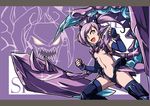  ahoge breasts elbow_gloves fang fingerless_gloves genderswap genderswap_(mtf) gloves highres league_of_legends looking_at_viewer nam_(valckiry) navel open_mouth purple_hair scorpion_girl scorpion_tail sharp_teeth skarner small_breasts solo tail teeth thighhighs twintails yellow_eyes 