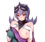  bad_id bad_pixiv_id blush breast_slip breasts covered_nipples crown detached_collar dress earrings gloves hizuki_akira jewelry large_breasts long_hair looking_at_viewer natsume_(pokemon) nipples one_breast_out pokemon pokemon_(game) pokemon_bw2 pokewood purple_eyes purple_hair shiny shiny_skin simple_background solo white_background 