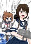  :&lt;&gt; blush brown_eyes brown_hair folded_ponytail inazuma_(kantai_collection) kantai_collection machinery miyuki_(kantai_collection) multiple_girls neckerchief open_mouth plasma-chan_(kantai_collection) school_uniform serafuku short_hair skirt smile torpedo translated yano_toshinori 