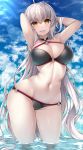  ahoge arms_behind_head bangs beeyan bikini black_bikini black_choker breasts choker cleavage cloud cloudy_sky commentary_request cowboy_shot day eyebrows_visible_through_hair fate/grand_order fate_(series) hair_between_eyes highres jeanne_d&#039;arc_(alter_swimsuit_berserker) jeanne_d&#039;arc_(fate)_(all) large_breasts light_rays long_hair navel o-ring o-ring_bikini o-ring_bottom o-ring_top ocean open_mouth outdoors shiny shiny_skin silver_hair sky standing sunbeam sunlight swimsuit yellow_eyes 