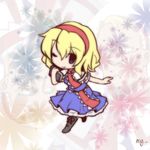  alice_margatroid blonde_hair blue_eyes book capelet chibi dress fushigi_ebi gundam gundam_08th_ms_team hairband norris_packard one_eye_closed ribbon short_hair smile solo touhou 