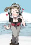  ;p ahoge arm_support bad_id bad_pixiv_id belt blush breasts brown_hair cleavage covered_nipples headset heart large_breasts leaning_forward nail_polish on_bed one_eye_closed pansy_(pokemon) pokemon pokemon_(game) pokemon_xy remotarou short_sleeves sitting smile solo tongue tongue_out 