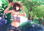  adjusting_clothes adjusting_hat armpits bare_arms black_hair breasts crop_top dutch_angle ese_shinshi flower forest groin hair_between_eyes hat hydrangea looking_at_viewer medium_breasts midriff nature navel original outdoors purple_eyes short_hair shorts sleeveless smile solo straw_hat 