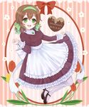  :3 apron axis_powers_hetalia belgium_(hetalia) bow brown_hair chocolate chocolate_heart dated dress flower frilled_apron frilled_dress frilled_sleeves frills green_bow green_eyes green_hairband hair_bow hairband happy_birthday heart inazuma11a knees_together_feet_apart knees_touching long_sleeves mary_janes open_mouth personification puffy_long_sleeves puffy_sleeves purple_dress red_bow shoes short_hair solo text_focus tulip white_bow white_legwear 