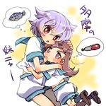  brown_eyes brown_hair chestnut_mouth fish hug kantai_collection kazami_miki looking_at_viewer lowres multiple_girls ooi_(kantai_collection) open_mouth purple_hair red_eyes tama_(kantai_collection) thought_bubble torpedo younger 