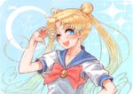  bishoujo_senshi_sailor_moon blonde_hair blue_eyes blue_sailor_collar bow crescent_moon double_bun earrings jewelry juuban_middle_school_uniform long_hair looking_at_viewer moon one_eye_closed red_bow ryou_(shirotsumesou) sailor_collar school_uniform serafuku solo tsukino_usagi twintails v 