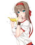  banana blue_eyes blush breasts brown_hair food fruit gym_uniform hairband kojima_saya large_breasts long_hair looking_at_viewer open_mouth original sexually_suggestive solo sweatband white_background 