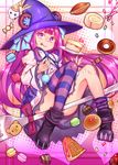  boots cake candy candy_cane doughnut dumpty_alma emil_chronicle_online food fork full_body hat highres long_hair looking_at_viewer macaron pie purple_eyes purple_hair puzzle_&amp;_dragons shennai_misha smile solo striped striped_legwear swiss_roll thighhighs witch_hat 