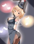  a-ktoo animal_ears ass black_legwear blonde_hair bow bowtie breasts bunny_ears bunny_tail bunnysuit cleavage detached_collar hat leotard lunasa_prismriver medium_breasts musical_note open_mouth pantyhose short_hair solo tail touhou vest wrist_cuffs yellow_eyes 