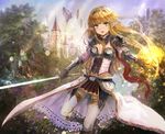  alber armor belt blonde_hair breastplate castle elf knight long_hair magic original pauldrons pointy_ears skirt solo sword thighhighs tiara tree weapon yellow_eyes zettai_ryouiki 