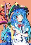  atami blue_hair food fruit hat highres hinanawi_tenshi long_hair one_eye_closed party_popper peach red_eyes ribbon simple_background smile solo star touhou 
