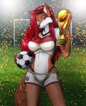  ball bust camel_toe canine clothed clothing female fox germany_national_football_team_jersey mammal midriff panties piercing skimpy soccer trophy underwear vani-fox 