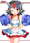  bare_arms bare_shoulders black_hair blush cheerleader collarbone crop_top e.o. highres horns kijin_seija midriff multicolored_hair navel one_eye_closed pointy_ears pom_poms red_eyes skirt smile solo streaked_hair tongue tongue_out touhou 